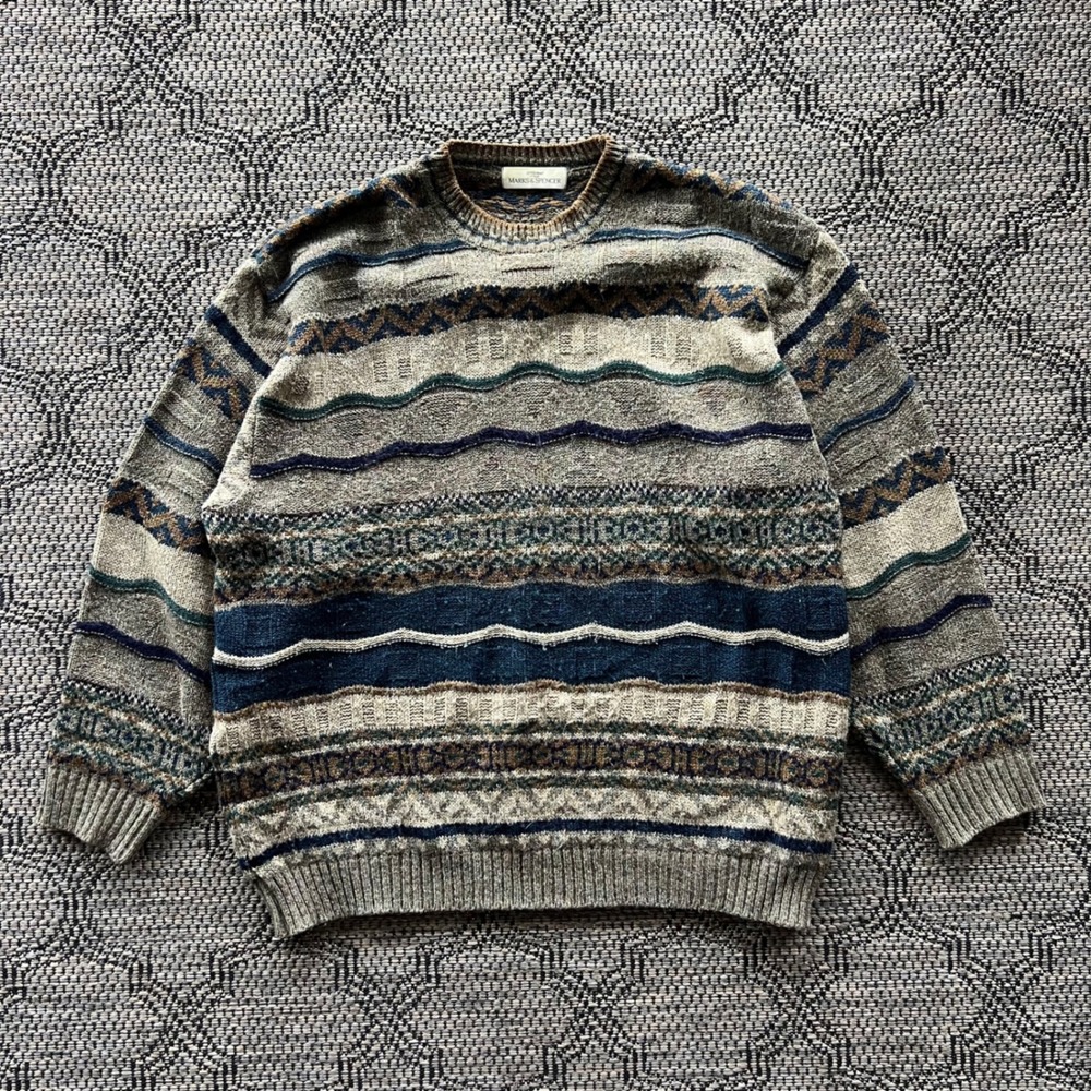Vintage Marks & Spencer Sweater Mens XL Brown Blue Fair Isle Wool Mohair Knit
